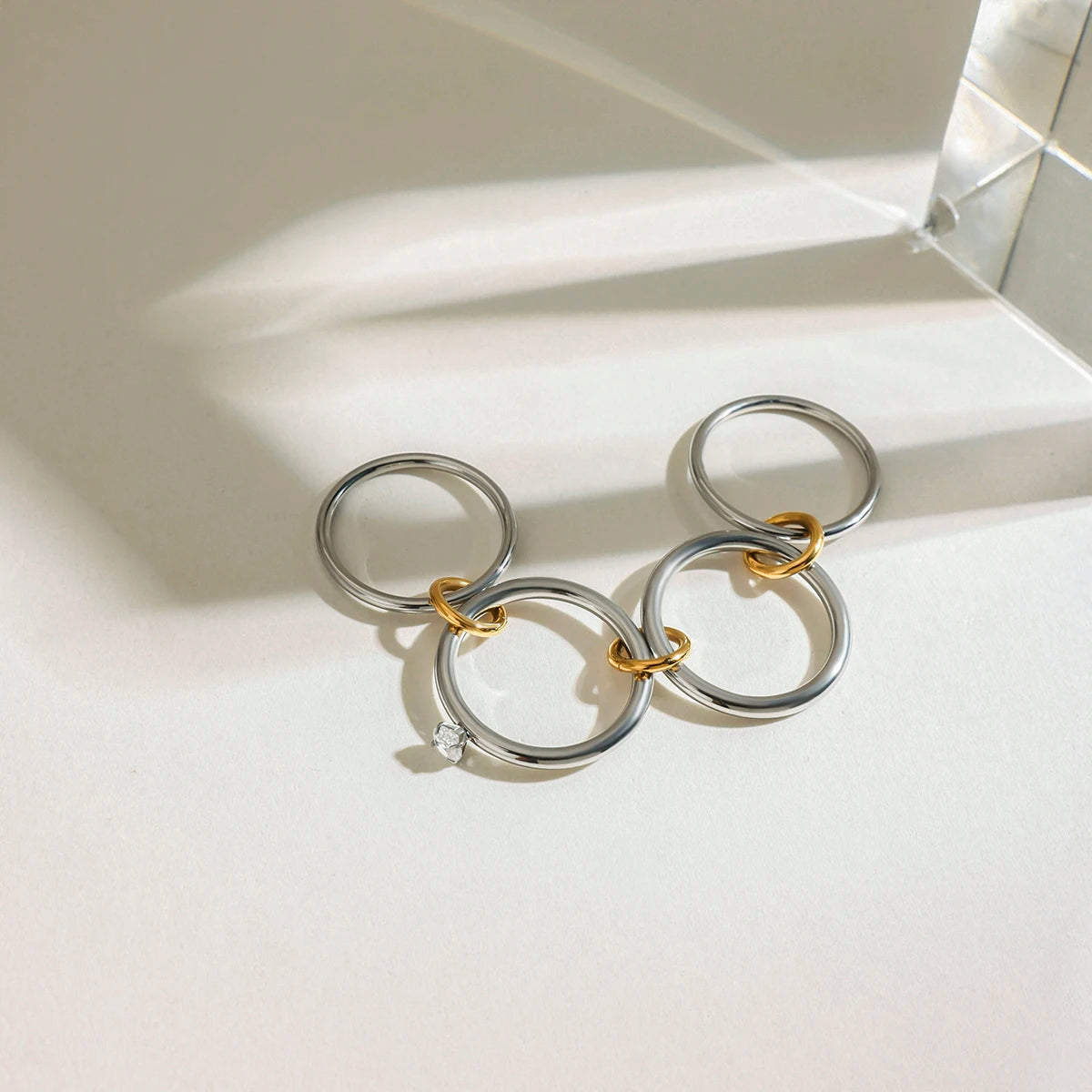 J&D Modern Minimalist 18K Gold Stainless Steel Two Tone Mosaic Multi-finger Zircon Link Rings