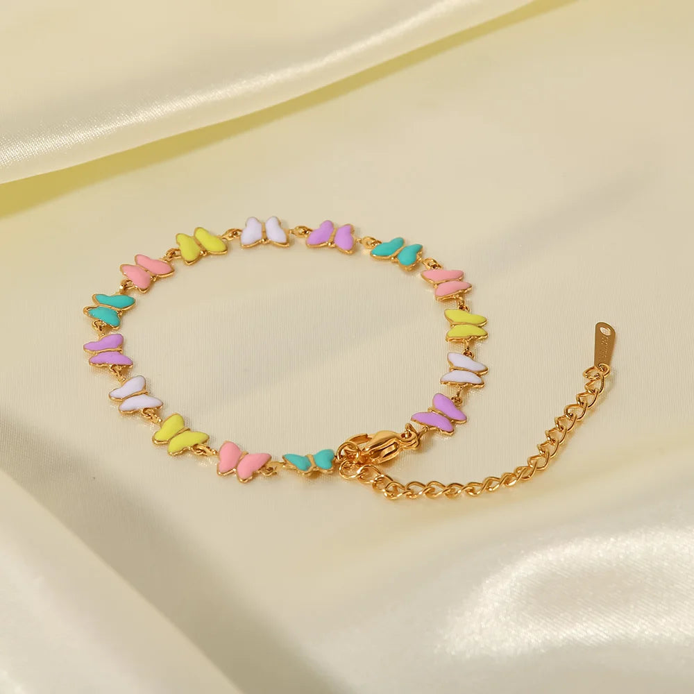 Charm 18k Gold Stainless Steel Dripping Oil Jewelry Gift Colorful Enamel Butterfly Chain Bracelet