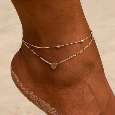 18K Gold Plated Stainless Steel Love Heart Pendant Oval Bead Chain Double Layer Daity Anklets