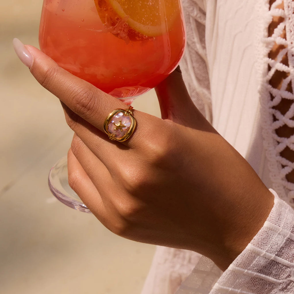 J&D Summer Ocean Jewelry 18K Gold Stainless Steel Pink Crushed Shell Square Starfish Open Rings