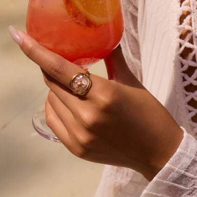 J&D Summer Ocean Jewelry 18K Gold Stainless Steel Pink Crushed Shell Square Starfish Open Rings