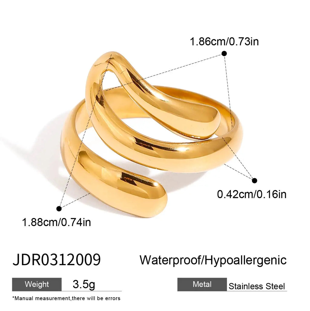 J&D Trendy 18K Gold Stainless Steel Opening Ring Modern Geometric Liner with Irregular Oval Cut Diamond Fashionable Rings