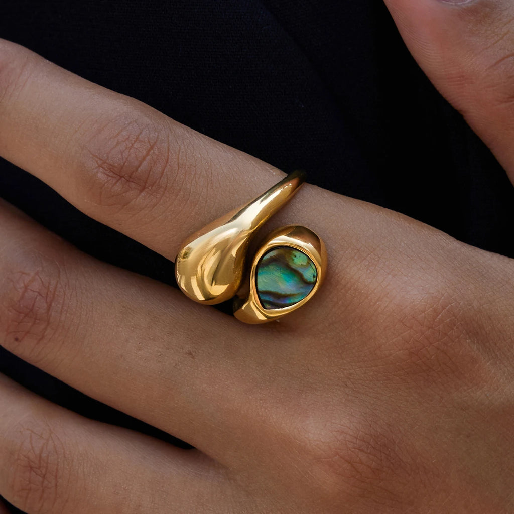 J&D 18K Gold Plated Stainless Steel Water Droplet Asymmetrical Opening Ring Personality Jewelry