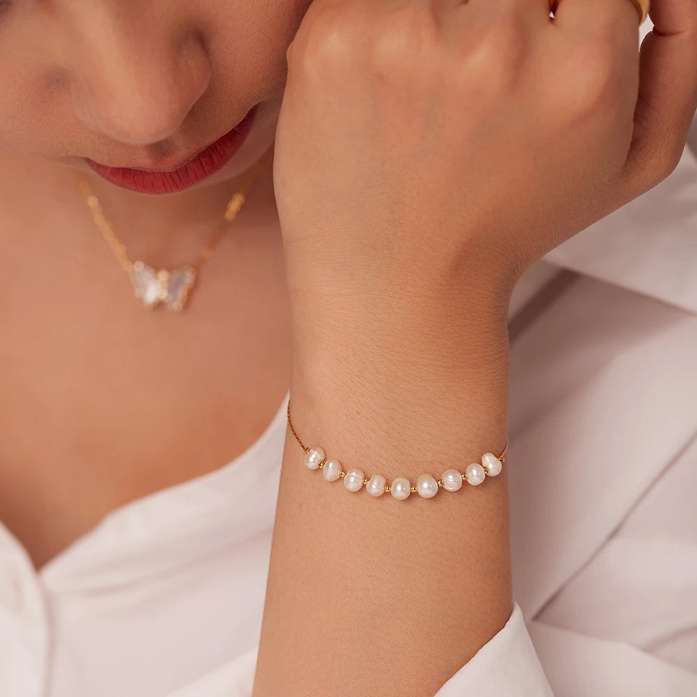 Freshwater Pearl Stainless Steel Bracelet Women Gift Dainty PVD 18k Gold Chain Bracelet