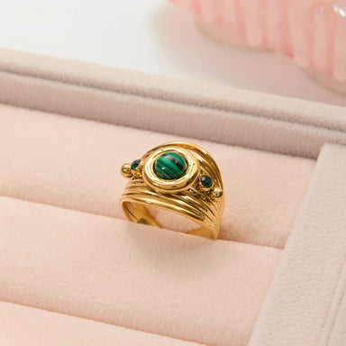 J&D 18K Gold Plated Stainless Steel Ring Malachite Multi-Layer Hollow-Out Open Ring Jewelry for Women