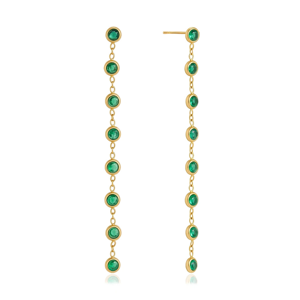 J&D Jewelry Green Round Zirconia Long Tassel Drop Earrings 18K Gold Plated Stainless Steel Waterproof Trendy Jewelry for Women