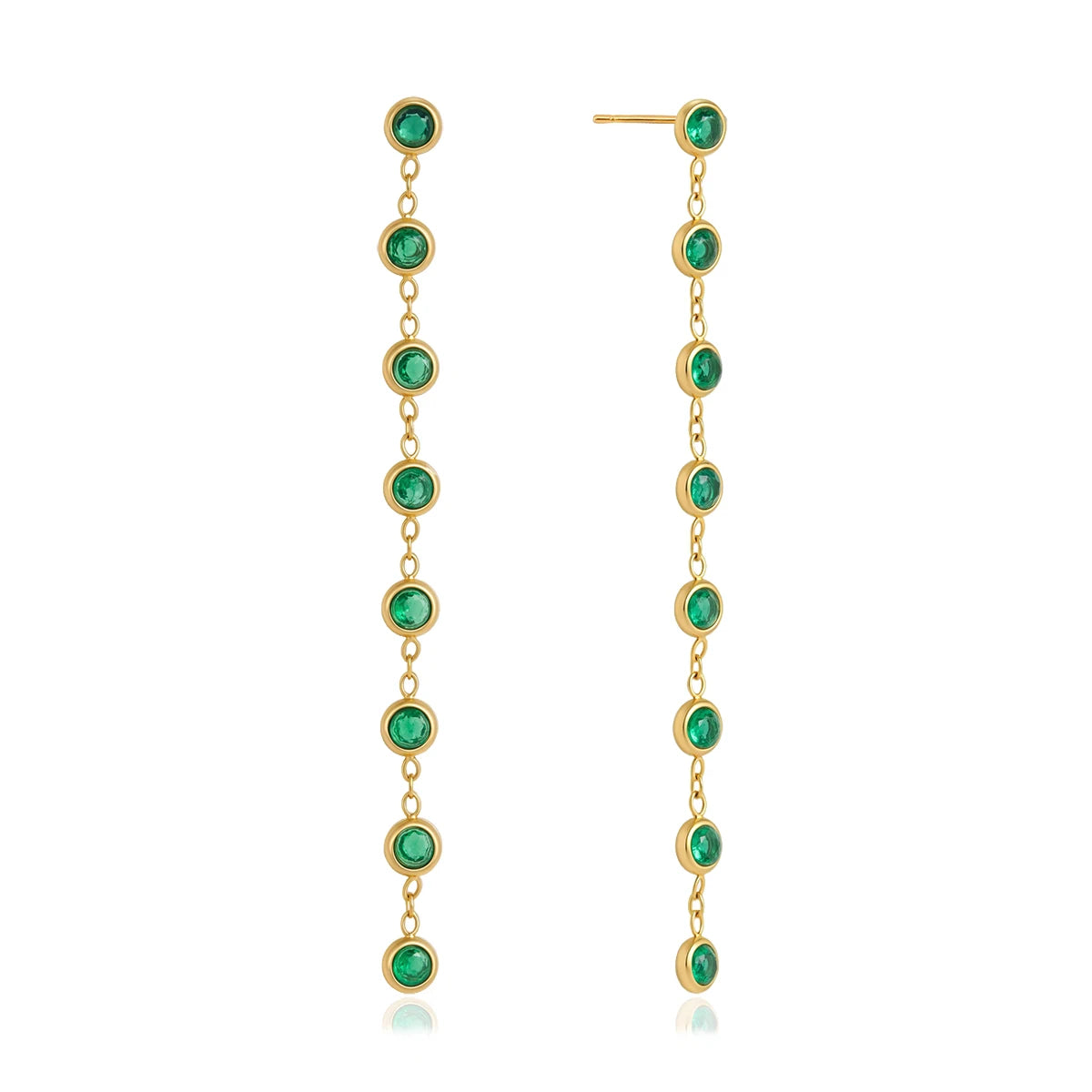 J&D Jewelry Green Round Zirconia Long Tassel Drop Earrings 18K Gold Plated Stainless Steel Waterproof Trendy Jewelry for Women