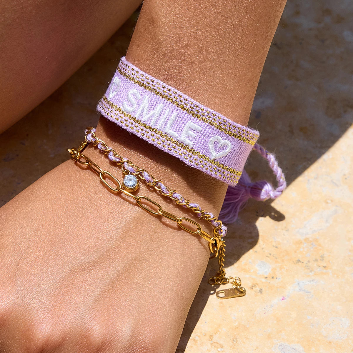 J&D 18K Gold Plate Stainless Steel Bracelet Waterproof Coconut Tree Charm Rhinestone Purple Rope Bracelet
