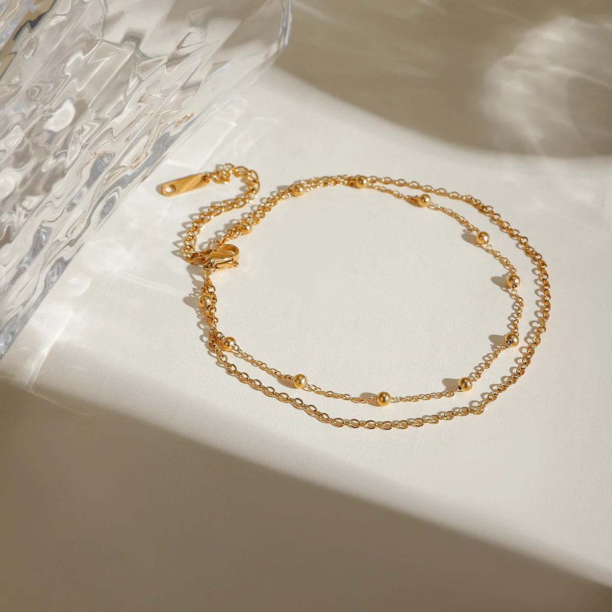 J&D 18K Gold Plated Stainless Steel Double Layer Bead Chain Anklet, 22+5cm