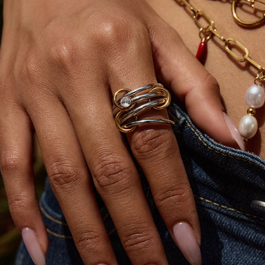 J&D Modern Minimalist 18K Gold Stainless Steel Two Tone Mosaic Multi-finger Zircon Link Rings
