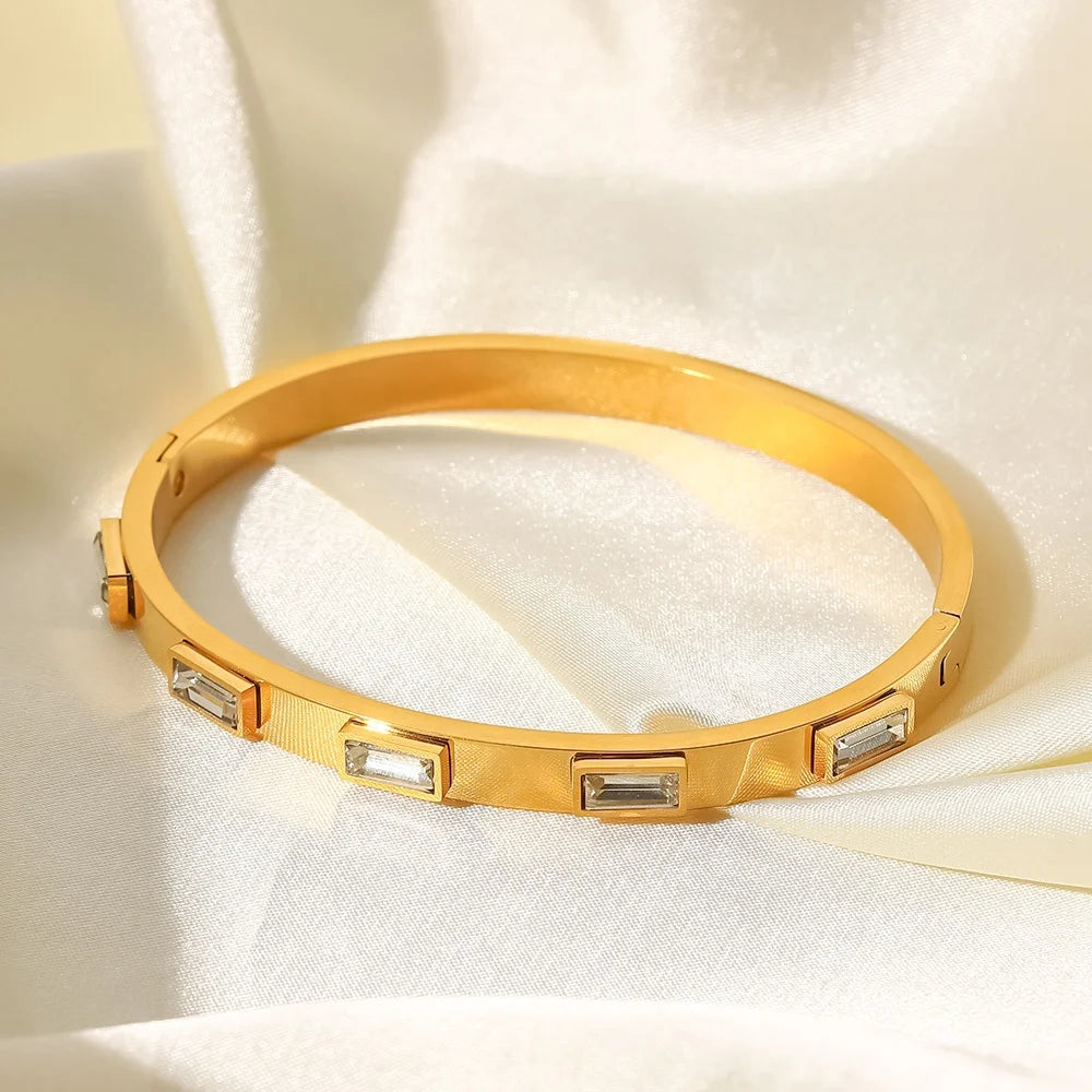 18k Gold Plated White Cubic Zirconia Bezel Setting Stainless Steel Band Bangles for Female