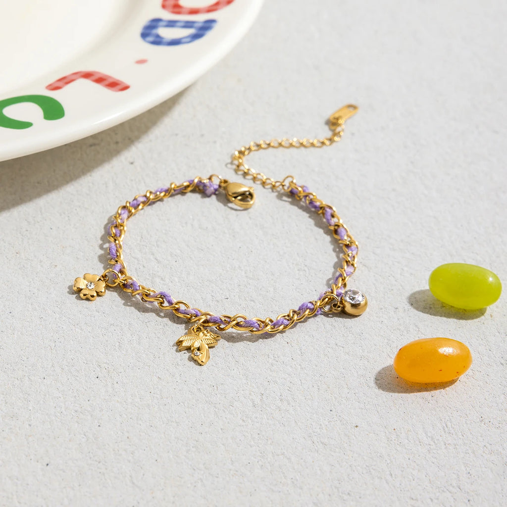 J&D 18K Gold Plate Stainless Steel Bracelet Waterproof Coconut Tree Charm Rhinestone Purple Rope Bracelet