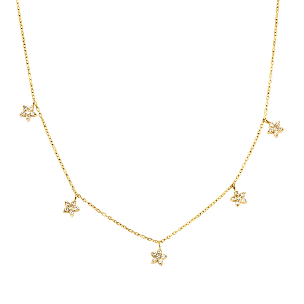 J&D Jewelry 18K Gold Plated Stainless Steel Five Flower Stations Choker Necklace with White Zircon for Women