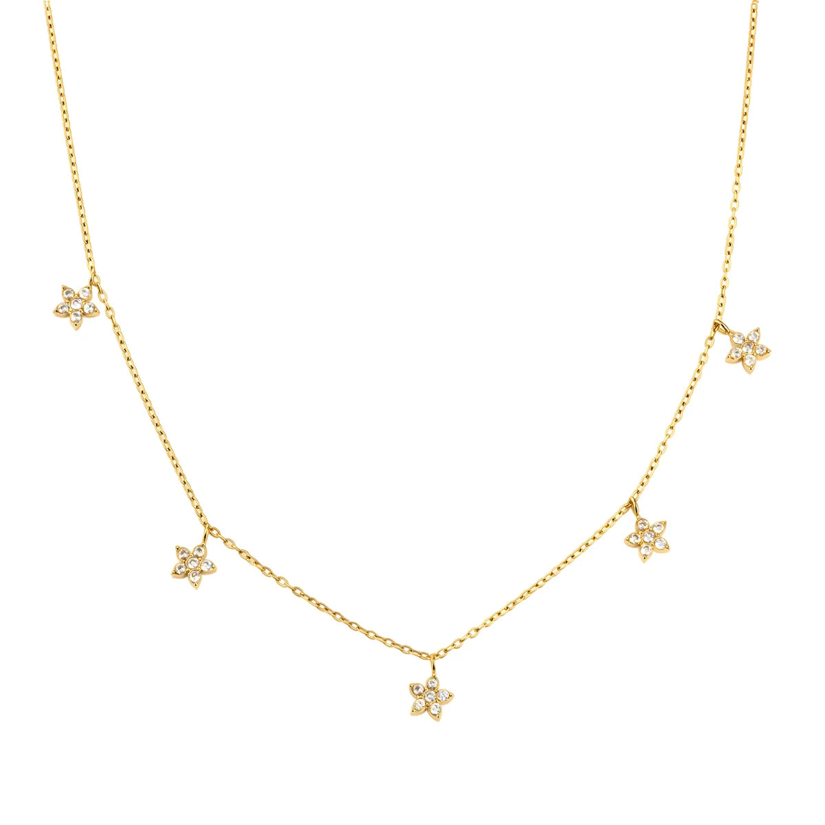 J&D Jewelry 18K Gold Plated Stainless Steel Five Flower Stations Choker Necklace with White Zircon for Women