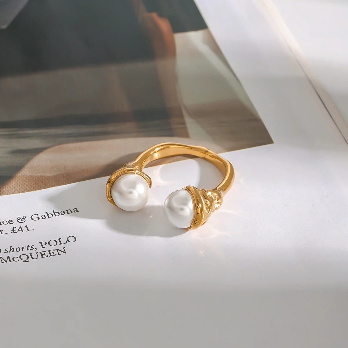 J&D 18K Gold Stainless Steel Adjustable Elegant Modern Jewelry  Pearl Textured Hammered Open Ring