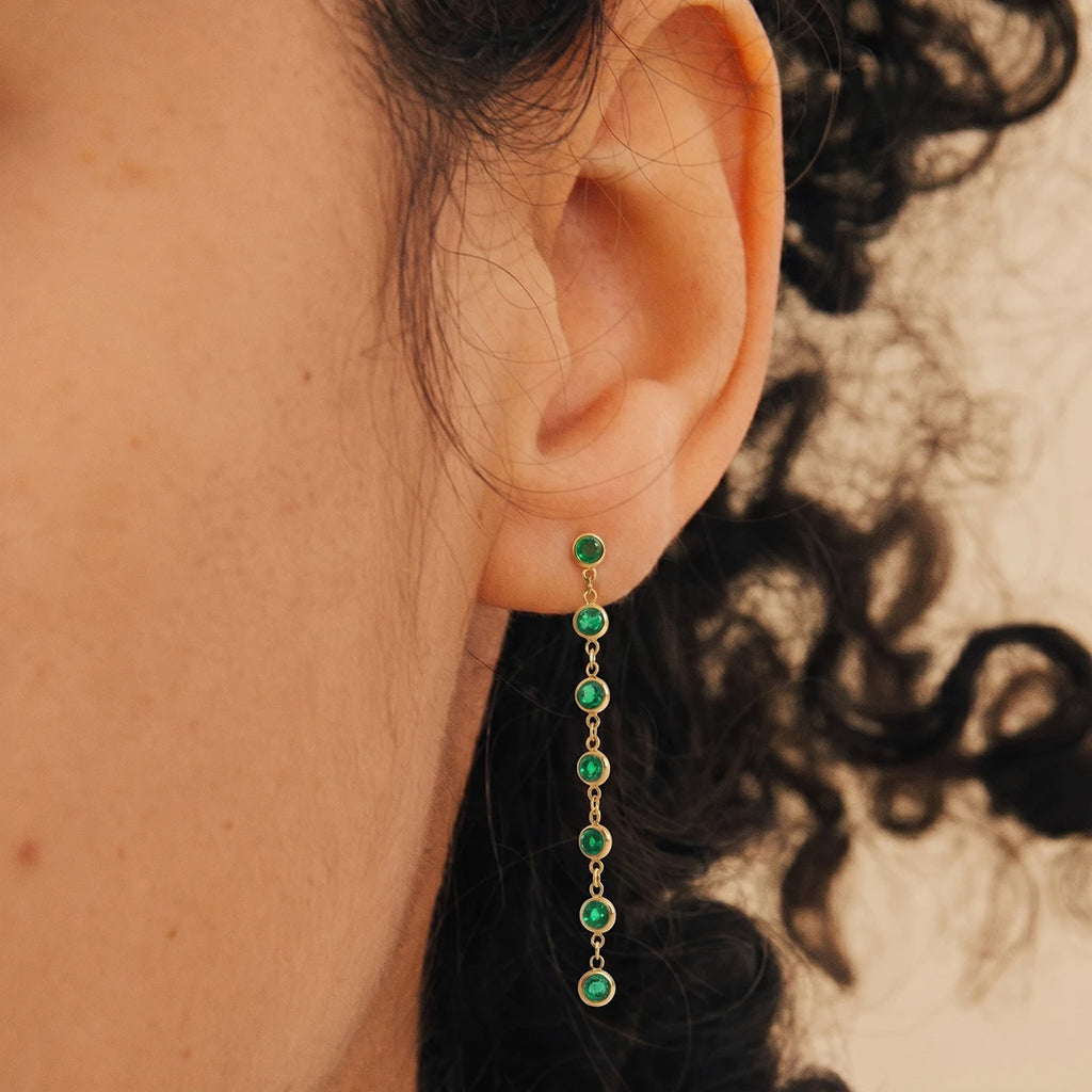 J&D Jewelry Green Round Zirconia Long Tassel Drop Earrings 18K Gold Plated Stainless Steel Waterproof Trendy Jewelry for Women