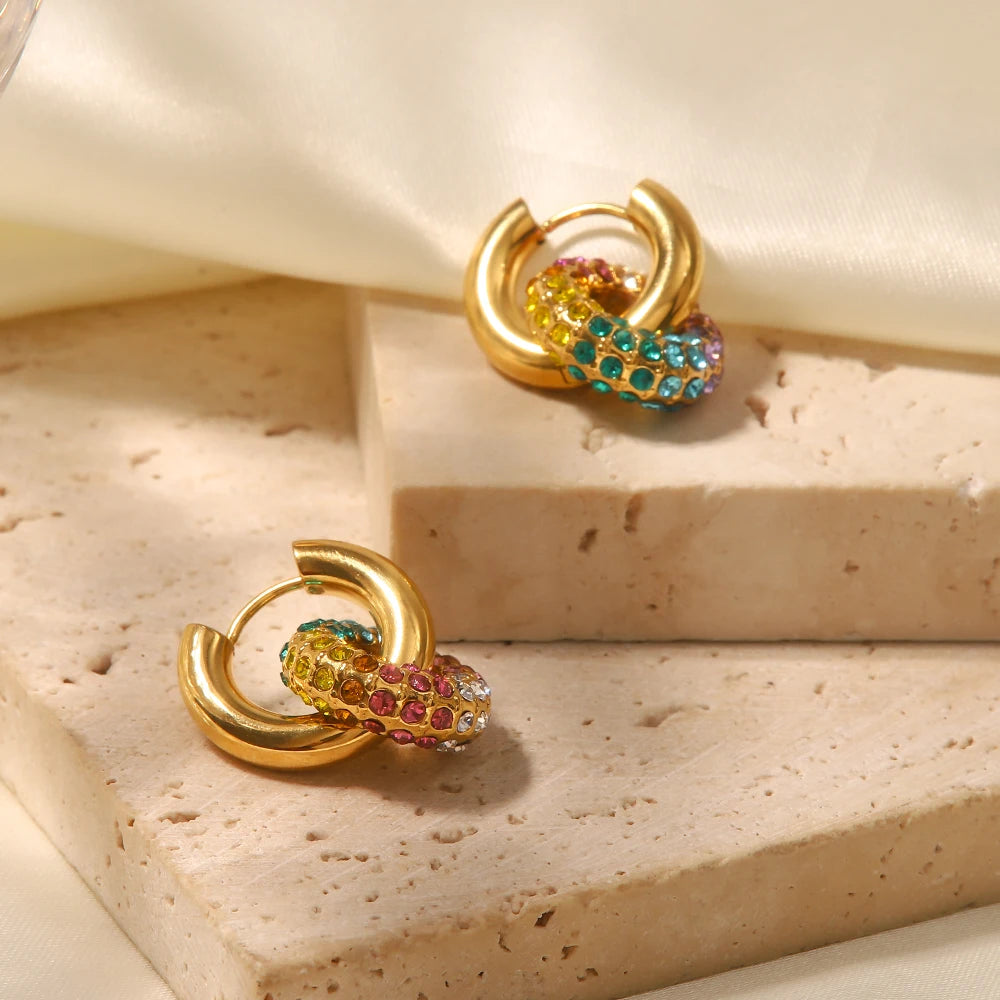 J&D Waterproof 18k Gold Plated Stainless Steel Jewelry Gift Colorful Cubic Zirconia Hoop Earrings for Women