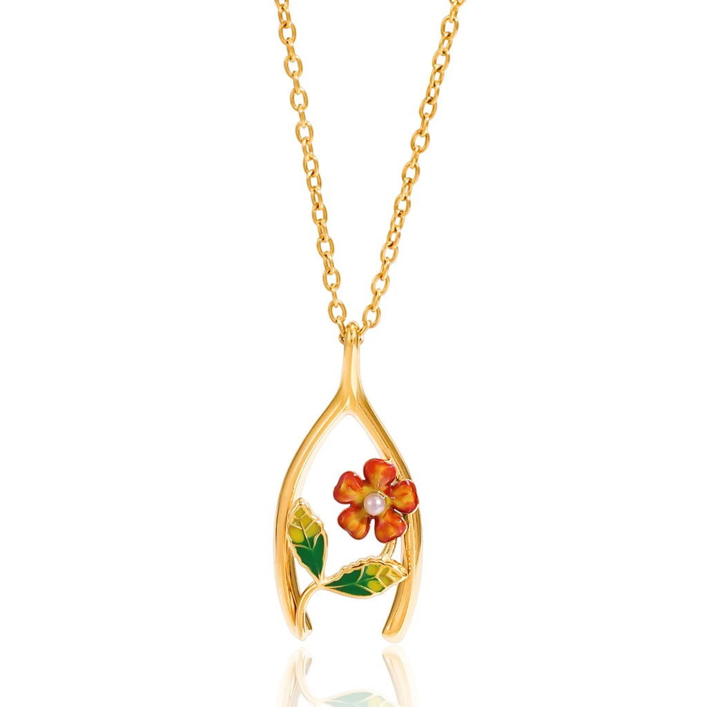 Flower Lucky Bone Wishbone Pendant Necklace