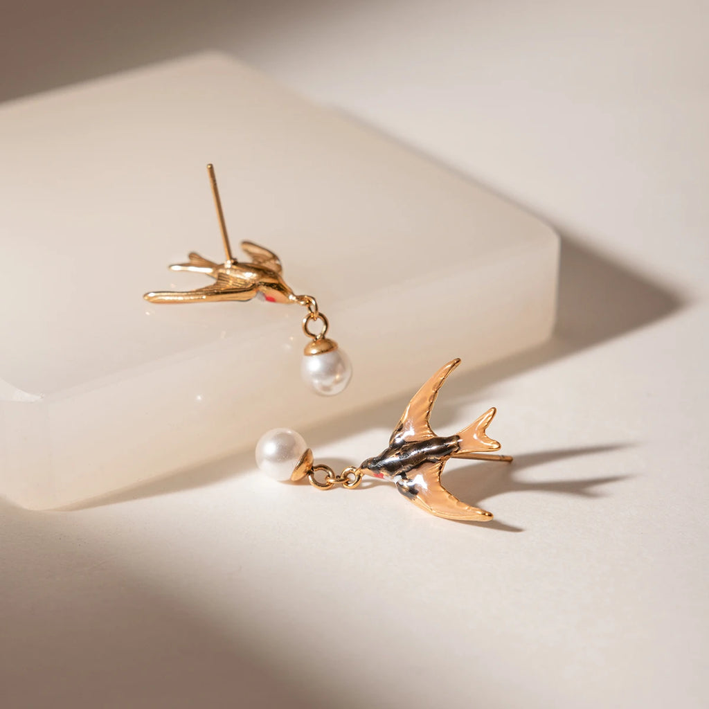 J&D Jewelry Sweet Enamel Swallow Bird Dangle Earrings Gold Plated Stainless Steel Acrylic Pearl Drop Jewelry for Women