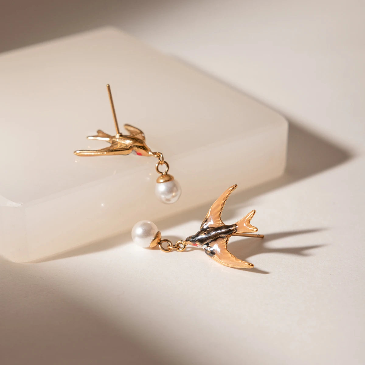 J&D Jewelry Sweet Enamel Swallow Bird Dangle Earrings Gold Plated Stainless Steel Acrylic Pearl Drop Jewelry for Women