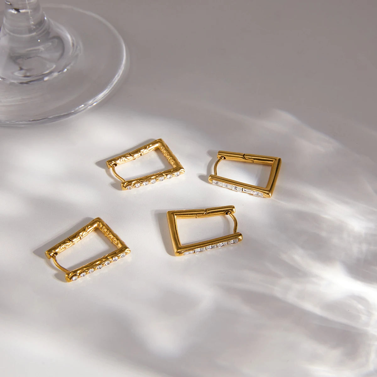 J&D Trendy Classic Geometric Trapezoid Earring 18K Gold Stainless Steel Square Zircon Crystal Hammer U Shape Geometric Earring