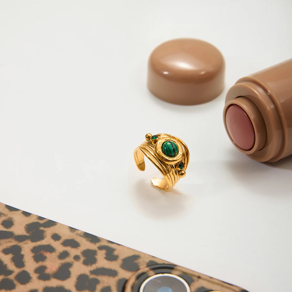 J&D 18K Gold Plated Stainless Steel Ring Malachite Multi-Layer Hollow-Out Open Ring Jewelry for Women