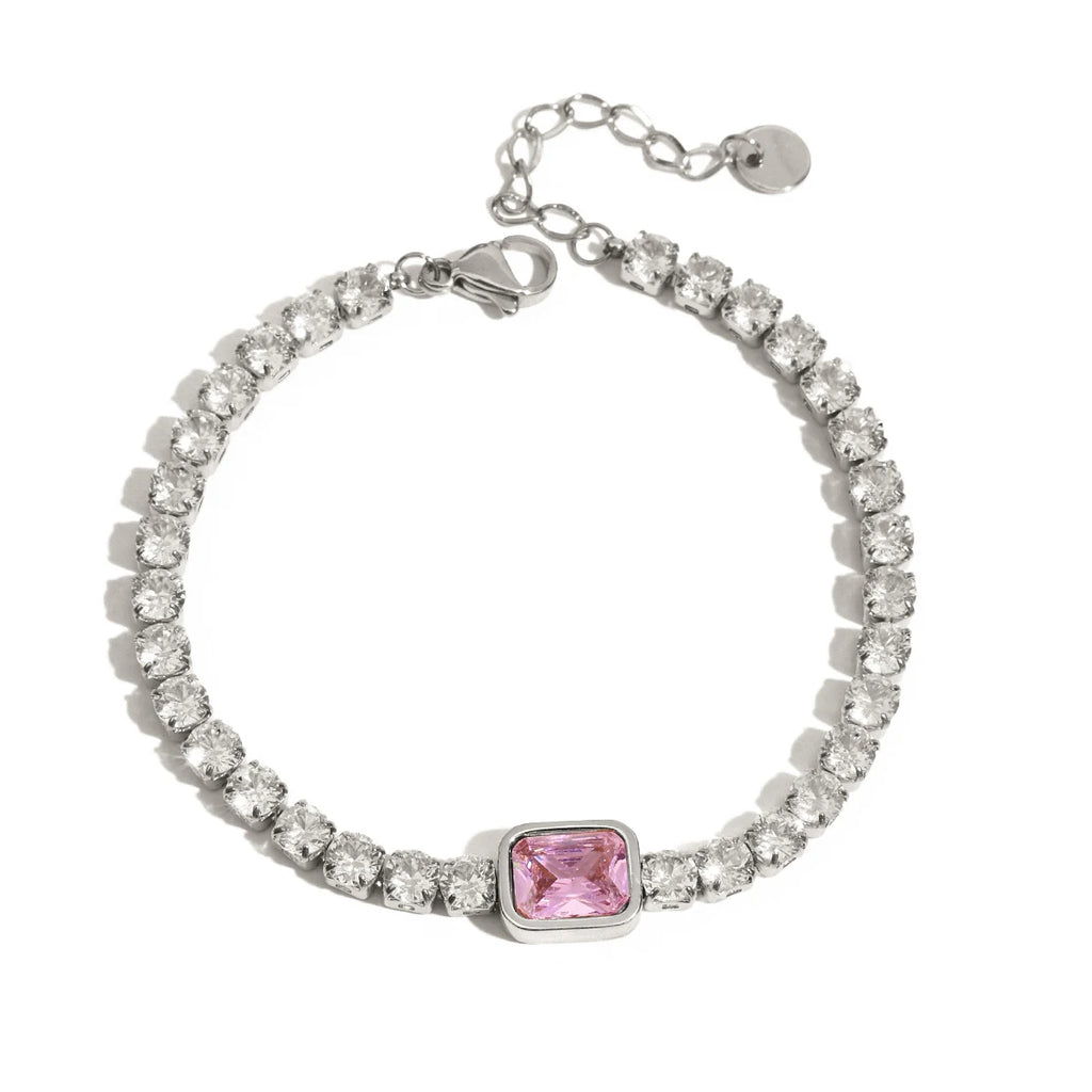 J&D 18K Gold Plate Stainless Steel Bracelet Trendy Sweet Romance Pink White Square Zircon Tennis Bracelets