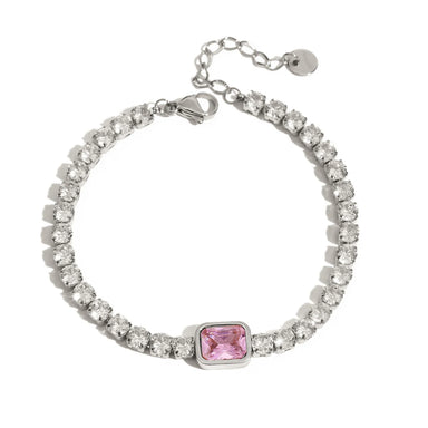 J&D 18K Gold Plate Stainless Steel Bracelet Trendy Sweet Romance Pink White Square Zircon Tennis Bracelets