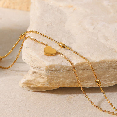 18K Gold Plated Stainless Steel Love Heart Pendant Oval Bead Chain Double Layer Daity Anklets