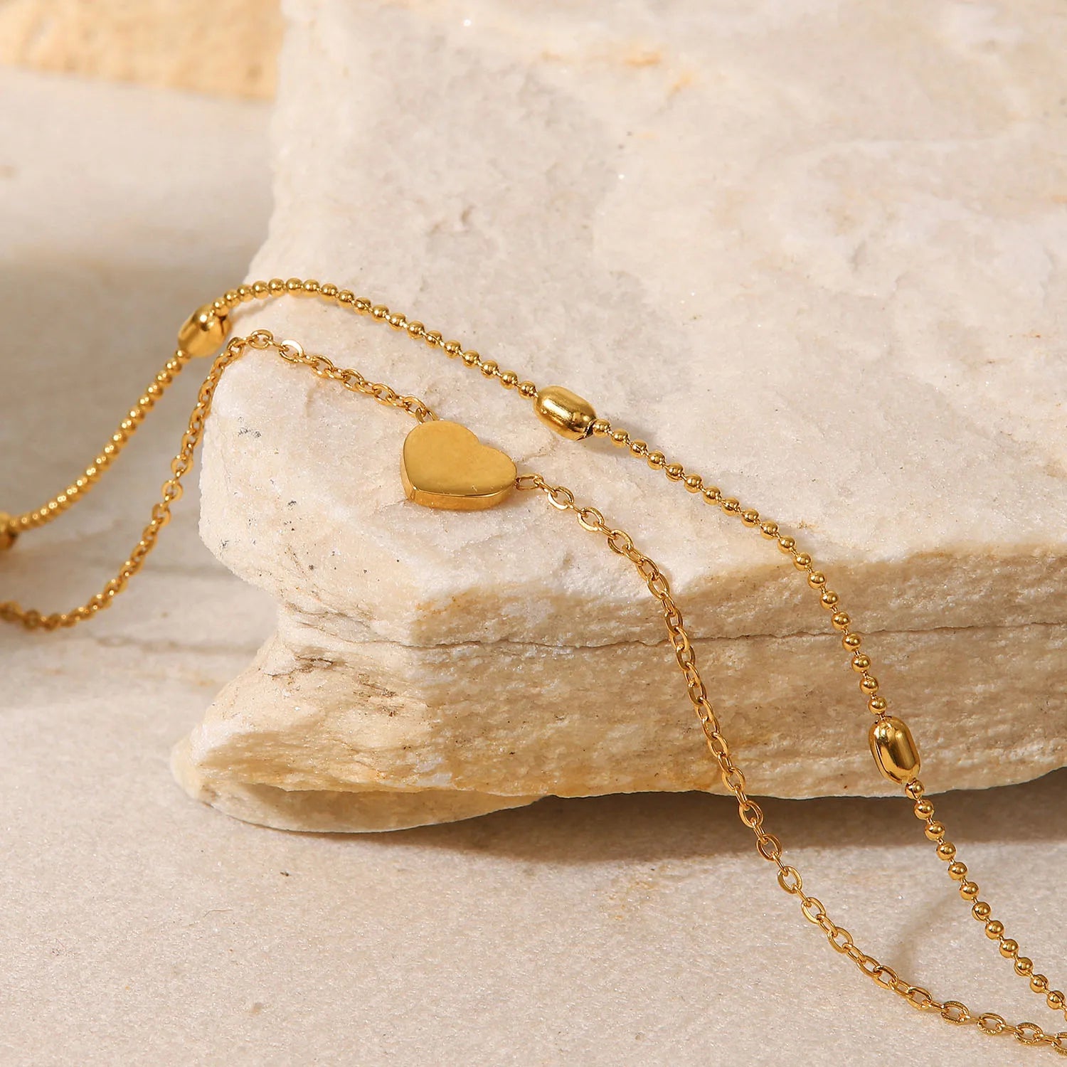 18K Gold Plated Stainless Steel Love Heart Pendant Oval Bead Chain Double Layer Daity Anklets