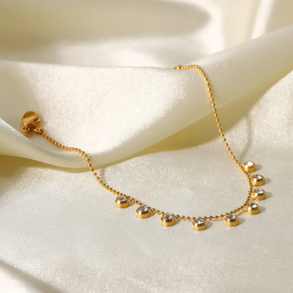 18K Gold Plated Tassel Round Zircon Bracelet Stainless Steel Bead Chain Clear Cubic Zircons Bracelet Girl