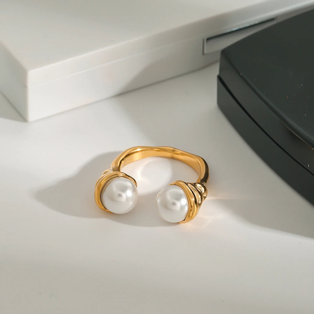 J&D 18K Gold Stainless Steel Adjustable Elegant Modern Jewelry  Pearl Textured Hammered Open Ring