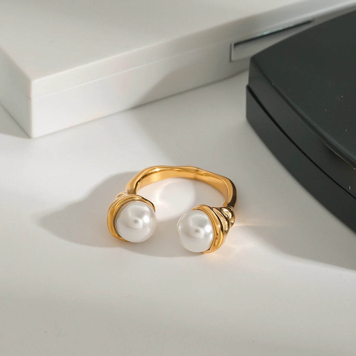 J&D 18K Gold Stainless Steel Adjustable Elegant Modern Jewelry  Pearl Textured Hammered Open Ring