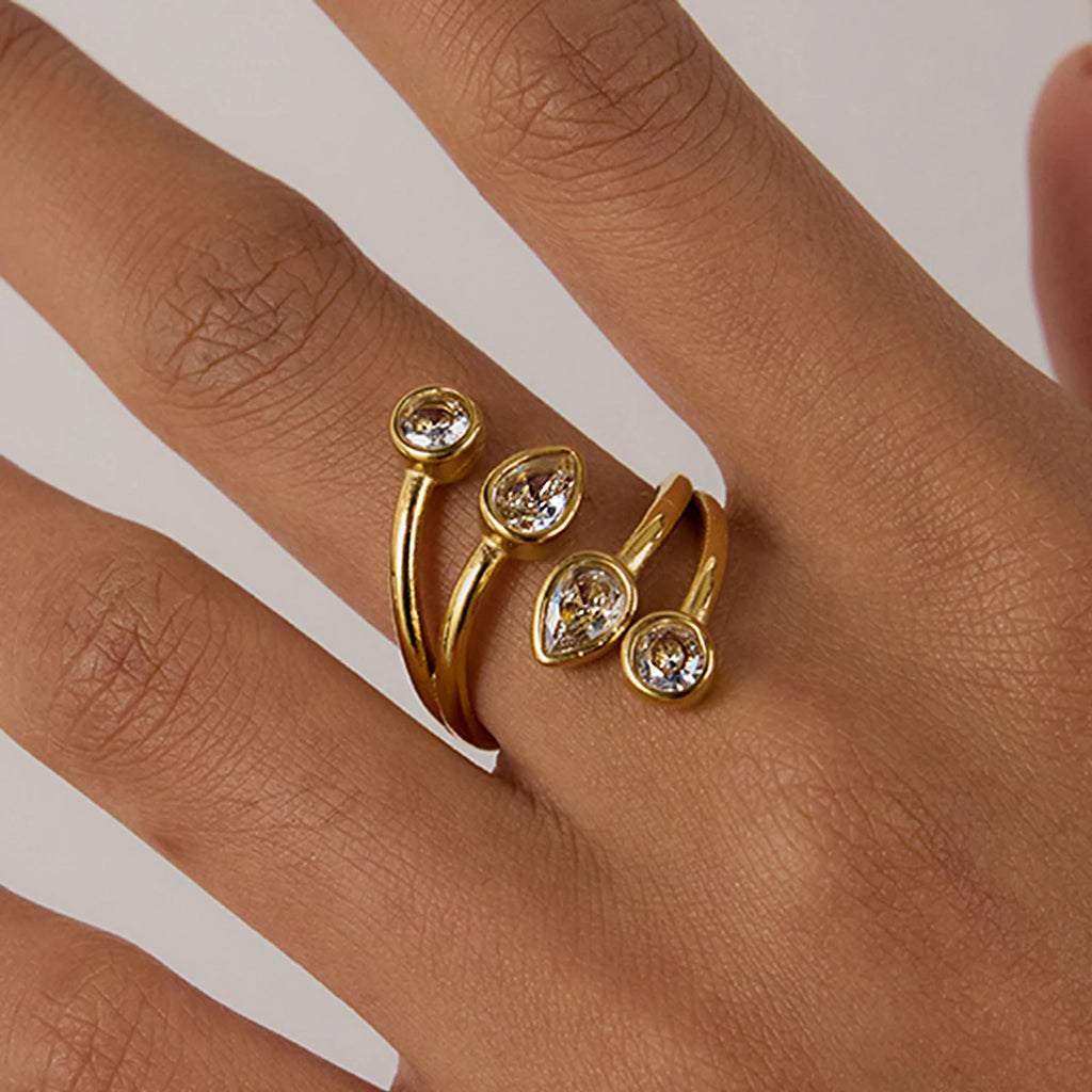 J&D Trendy Teardrop Curated Stack Ring 18K Gold CZ Open Band Minimalist Fashion Jewelry for Women Everyday