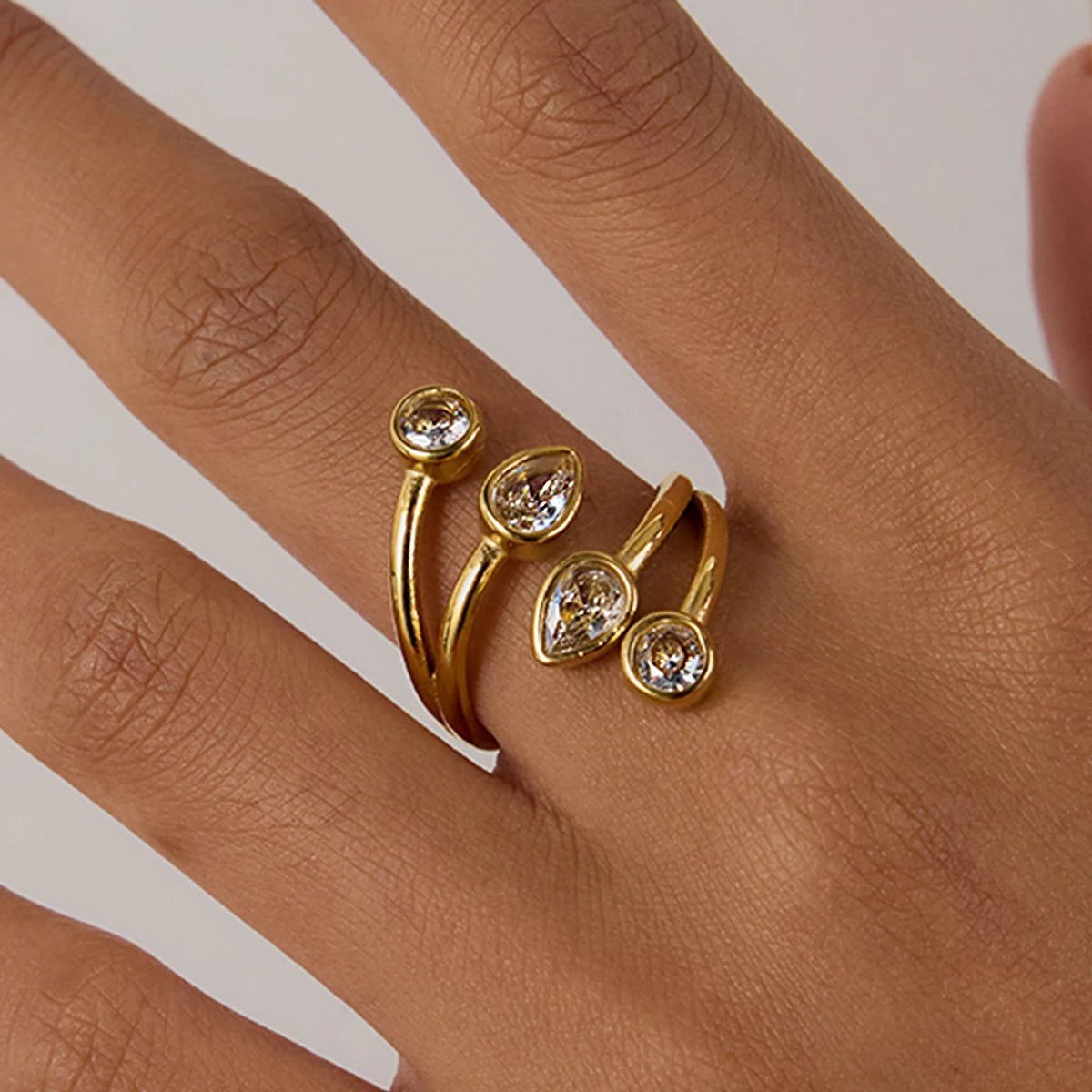 J&D Trendy Teardrop Curated Stack Ring 18K Gold CZ Open Band Minimalist Fashion Jewelry for Women Everyday