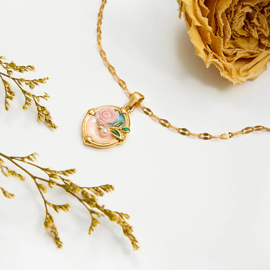 Enamel Shell Rose Pendant Necklace