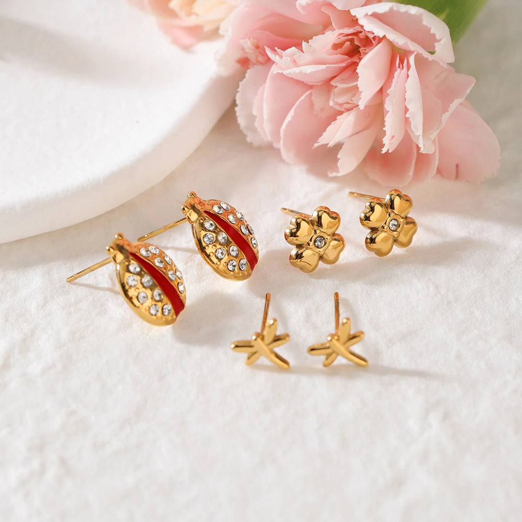 Four-Leaf Clover Red Drop Oil Ladybug Earring 3 pieces set