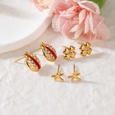 Four-Leaf Clover Red Drop Oil Ladybug Earring 3 pieces set