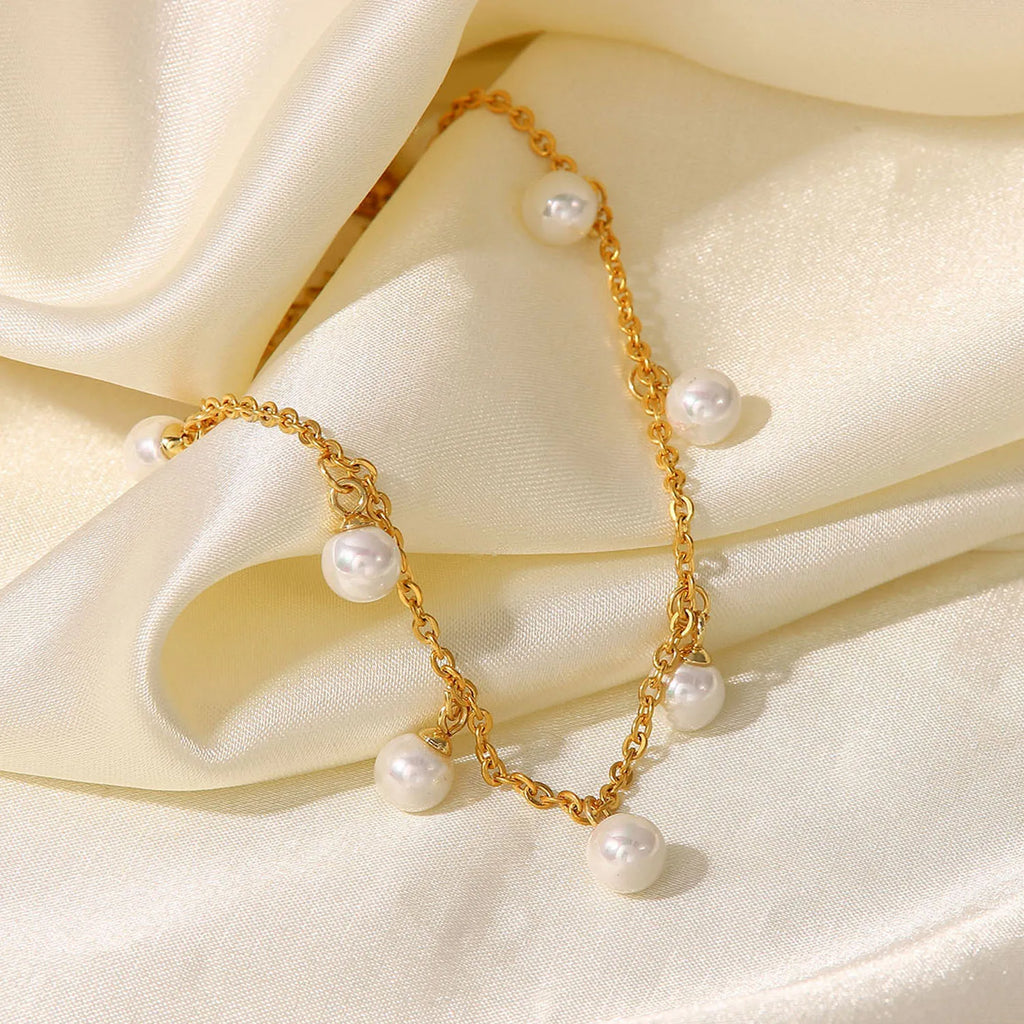 Dainty 18K Gold Plated Stainless Steel Tassel Pearl Charm Chain Pendant Anklet for Women Jewelry