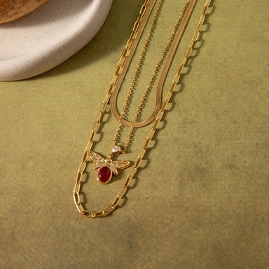 Red Agate Bee White Zircon Three-Layer Necklace