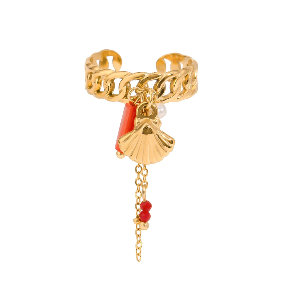 J&D Ocean Dainty 18K Gold Plated Stainless Steel Open Rings Coral Red Crystal Shell Chain Ring Fashion Jewelry