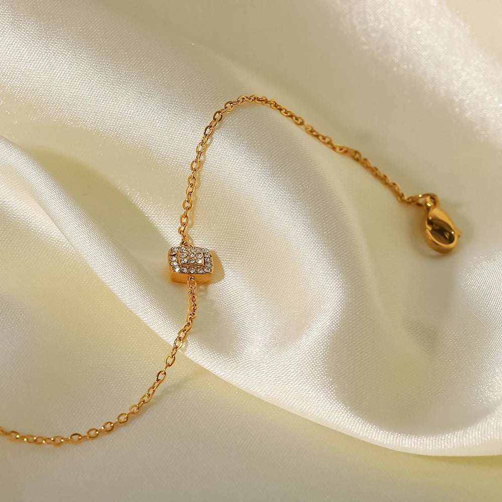 Thin Chain Charm18K Gold Plated Stainless Steel Square Pendant Cubic Zirconia Bracelet Women