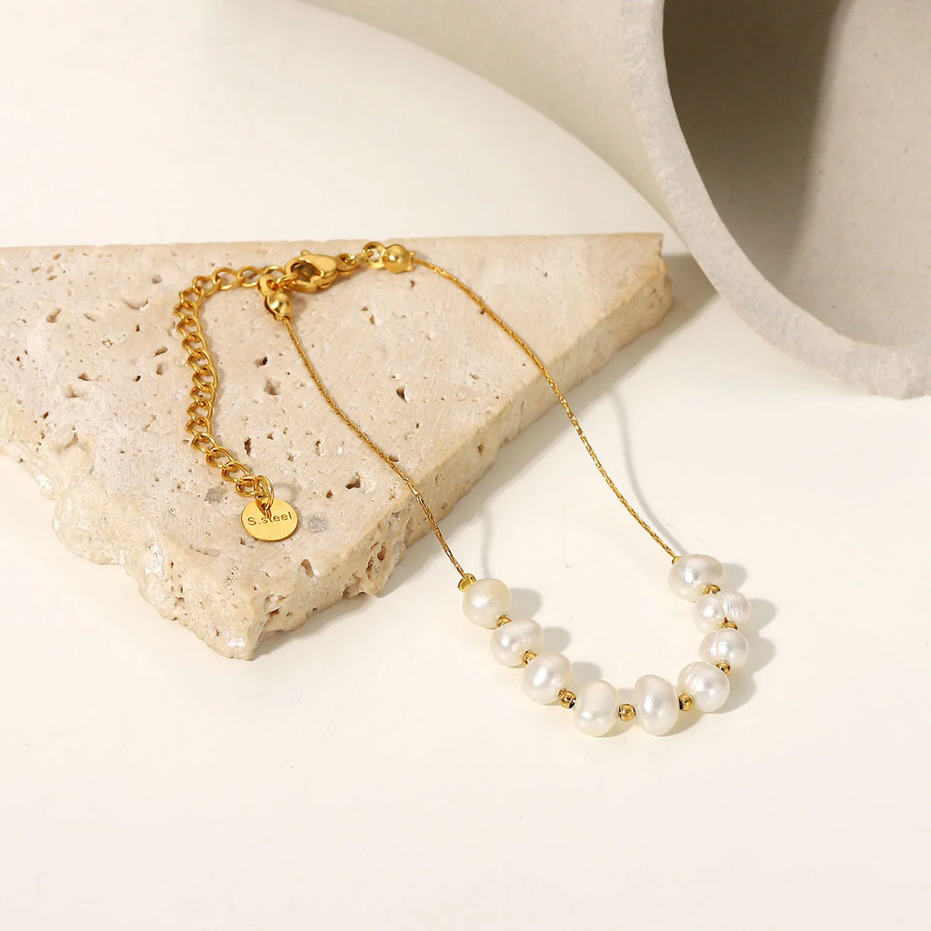 Freshwater Pearl Stainless Steel Bracelet Women Gift Dainty PVD 18k Gold Chain Bracelet