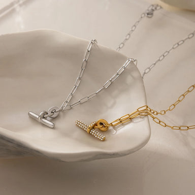 J&D Jewelry 18K Gold Plated Stainless Steel Paperclip Link Chain Necklace with Pave White Rhinestone T Bar Pendant for Women