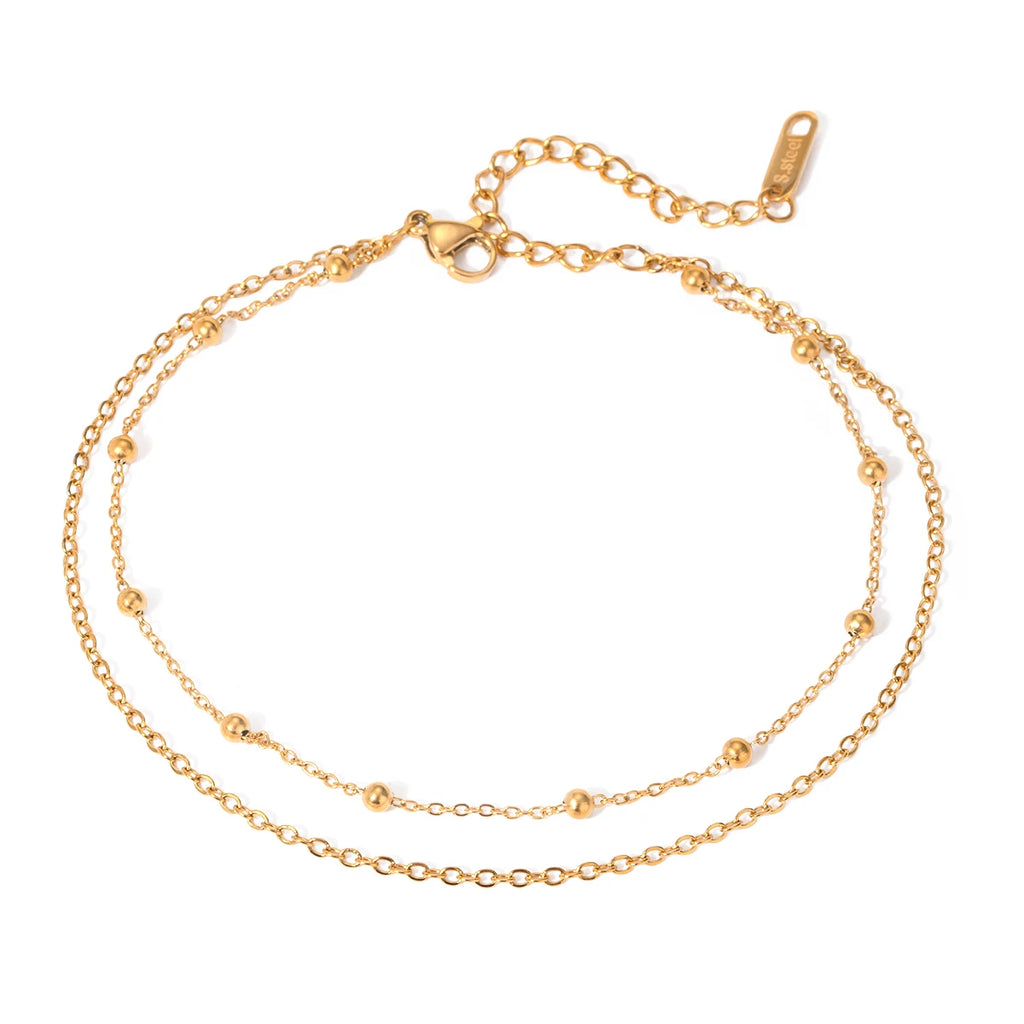 J&D 18K Gold Plated Stainless Steel Double Layer Bead Chain Anklet, 22+5cm