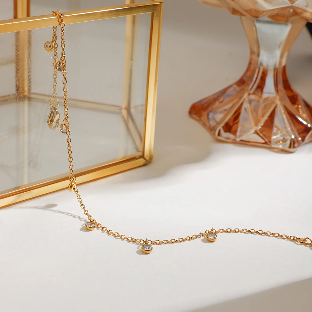 J&D Women's 18K Gold Plated Stainless Steel Anklet Round CZ Stone Waterproof Spring Summer Jewelry Gift