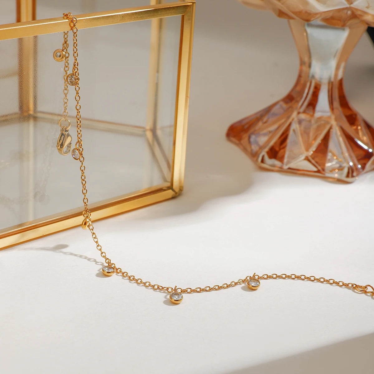 J&D Women's 18K Gold Plated Stainless Steel Anklet Round CZ Stone Waterproof Spring Summer Jewelry Gift