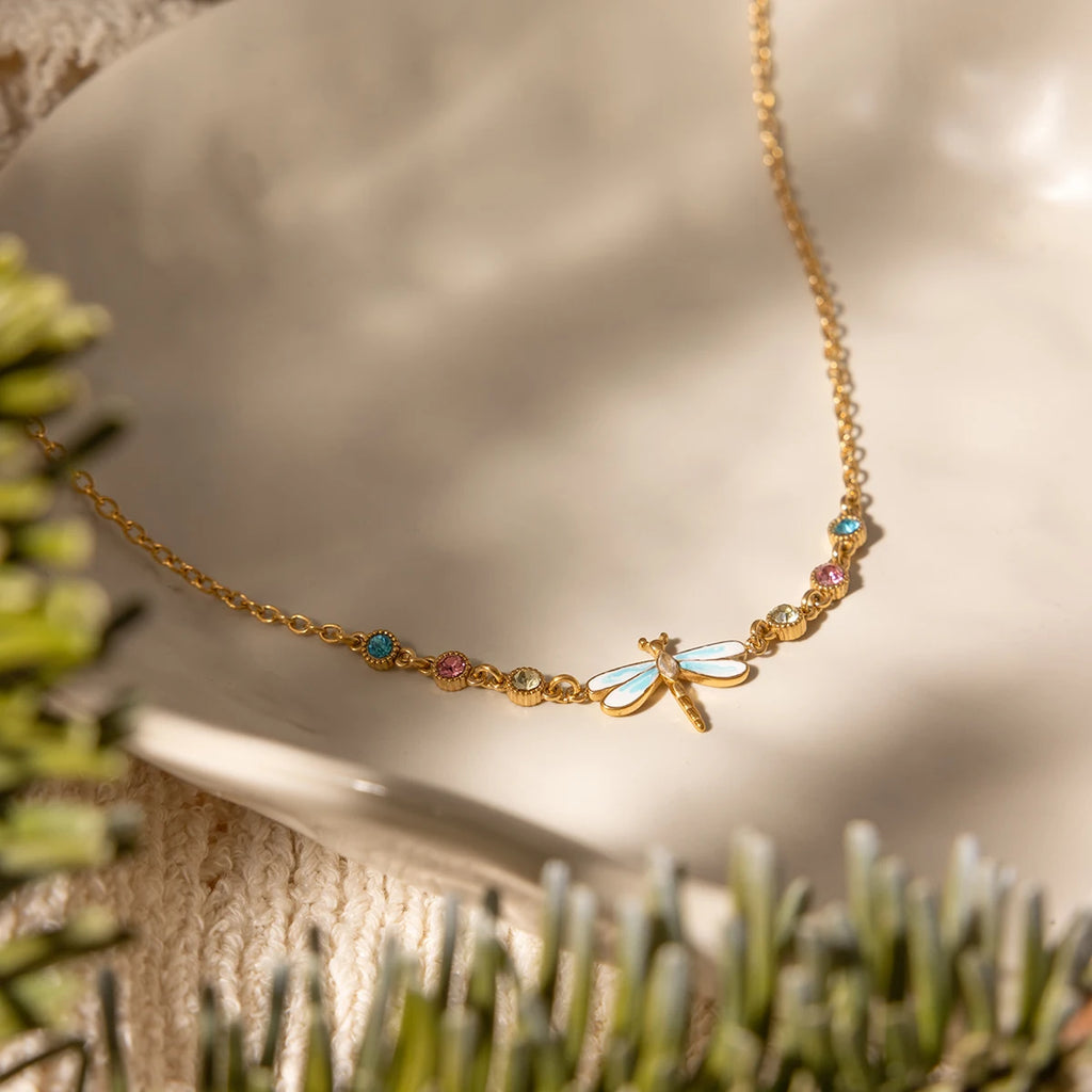 J&D Jewelry 18K Gold Plated Stainless Steel Blue Enamel Dragonfly Necklace with Yellow Pink Blue Rhinestone for Women