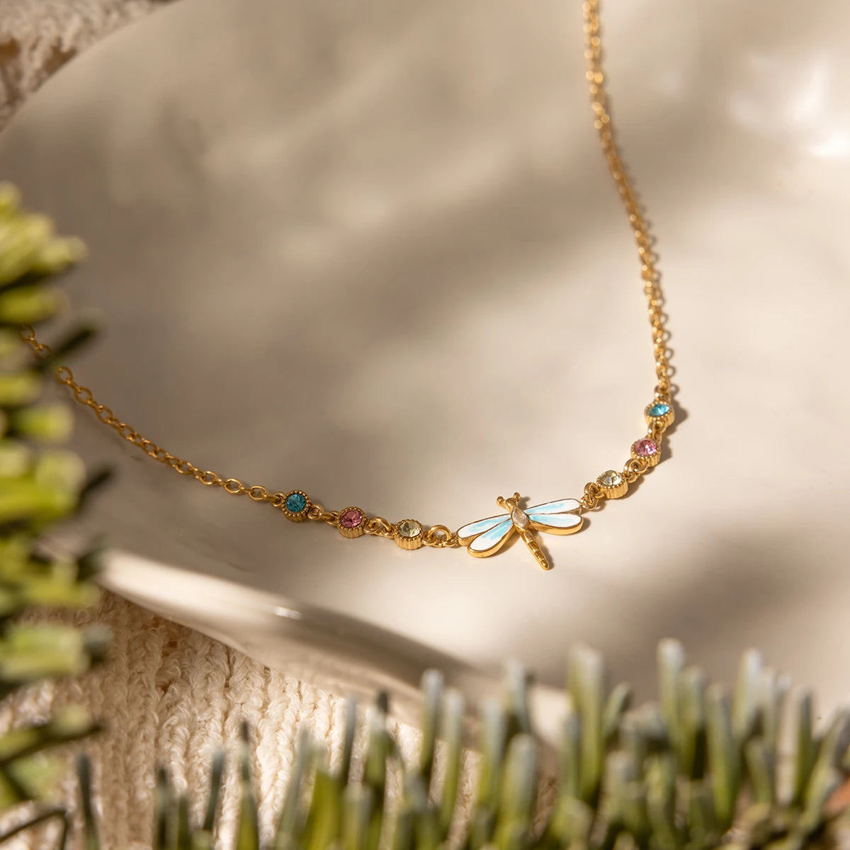 J&D Jewelry 18K Gold Plated Stainless Steel Blue Enamel Dragonfly Necklace with Yellow Pink Blue Rhinestone for Women