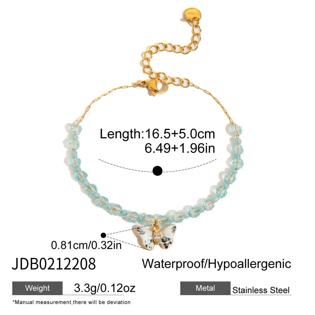 J&D Jewelry 18K Gold Plated Stainless Steel Blue Beaded Bracelet with Enamel Butterfly Pendant with Zircon for Women
